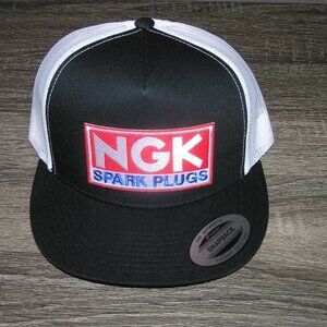 NGK Spark Plugs Patch on Trucker Hat Yupoong Classic 6006 Snapback Black/White